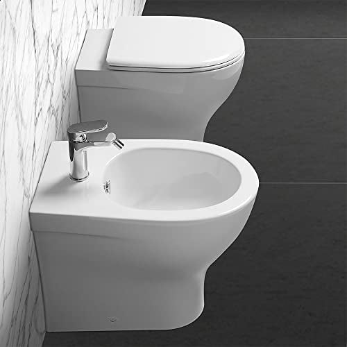 Inbagno Sanitari Bagno Filo Muro a Terra, in Ceramica Bianca Lucida Serie Pratica, Sedile Copri WC Incluso