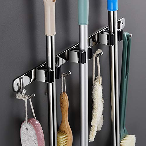 Rodmaie Wall Broom Holder, Broom Mop Holder, Wall Mount, Self-Adhesive Tool Holder Organiser with 3 Holders and 4 Hooks for Home, Kitchen, Bathroom, Garden, Garage, Green