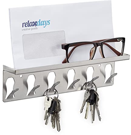 Relaxdays Schlüsselbrett, 6 Haken & Ablagefläche, modernes Design, HxBxT: 7x24,5x5 cm, Stahl, Schlüsselboard, Silber