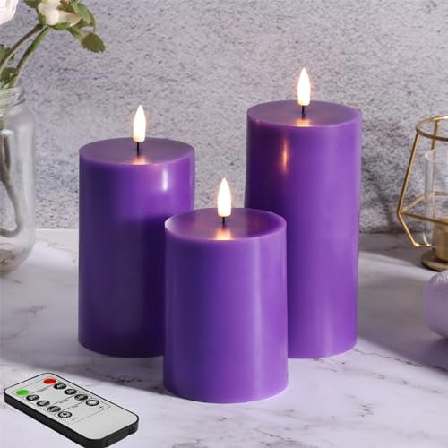 Eywamage Purple Flameless LED Pillar Candles with Remote, Flickering Real Wax Battery Operated Christmas Candles Set of 3