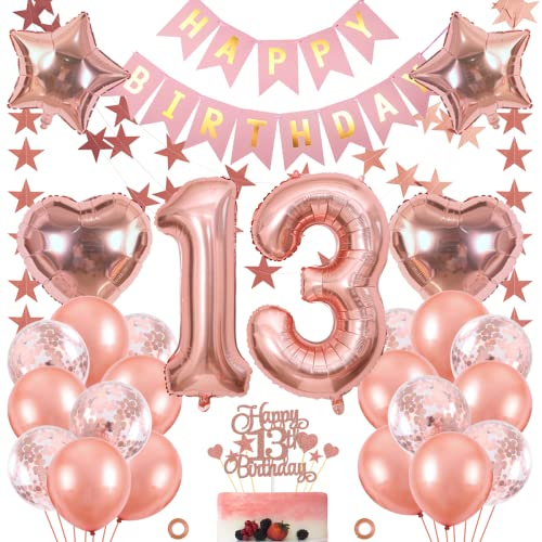Jxuzh 13. Geburtstag Mädchen Dekoration Rosegold - Luftballon Happy Birthday Deko Set - 33pcs