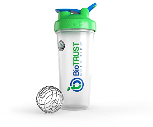 BioTRUST BlenderBottle Classic Shaker Bottle, 28-Ounce with loop, Clear/Green
