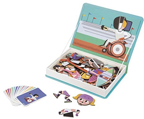 Janod - Magnéti'Book Sports - Magnetic Educational Game - 48 Magnets + 16 Model Cards - Children’s FSC Cardboard Toy - 3 Years +, J02596