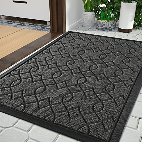 Yimobra Outdoor Door Mat, Heavy Duty Water Absorbent Mud Resistant Easy Clean Entry Outdoor Mats,Non Slip Backing, Exterior Mats for Outside Patio Porch Farmhouse, 92 x 61 cm, Black Gray