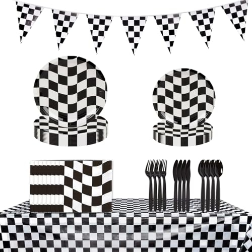 PIUMOJ Partygeschirr Set Cars, Rennwagen Partyzubehör Set, Schwarz und Weiß Kariert Teller, Servietten, Tischdecke, Cars Rennwagen Deko Kindergeburtstag für Jungen, 20 Gäste