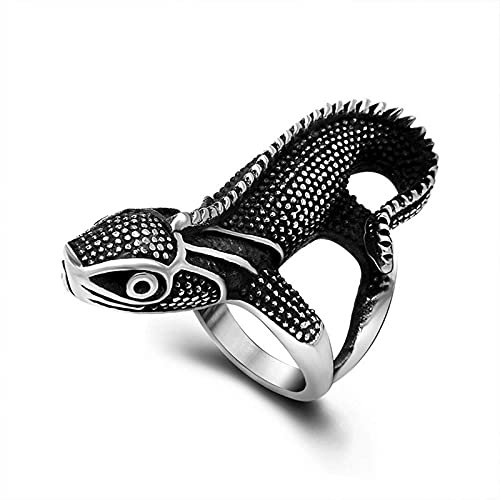 BCughia Goth Ring, Herren Ring Vintage Schwarzes Silber Titan Stahl Punk Eidechsenring Breit 44mm Engagement Ring Geschenke Größe 67 (21.3)