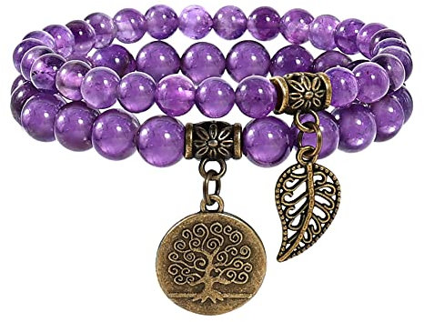 Farfume Bracelet En Pierre Naturelle - Bracelet Perles Naturelles Femme-Ensemble De Deux Bracelets Avec Accessoires Arbre De Vie Et Feuille(Grand 21 cm Améthyste (Amour))