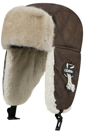 Clakllie Herren Damen Fliegermütze Trappermütze Warm Faux Fur Leder Aviator Pilot Hat Wintermütze Ohrenklappen Winddicht Bombermütze Russenmütze with Ear Flaps für Radfahren Snowboarden Skaten Brown
