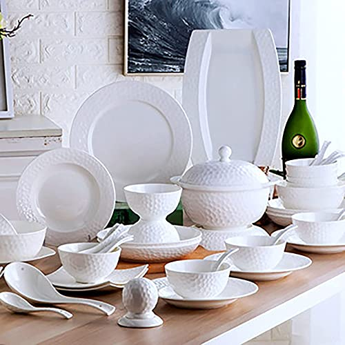 Juego de vajilla de 56 piezas, porcelana, porcelana blanca, vajilla de cocina, vajilla con tazones de cereales, ensaladeras, platos y olla de sopa, servicio para 12 personas, apto para lavavajillas y