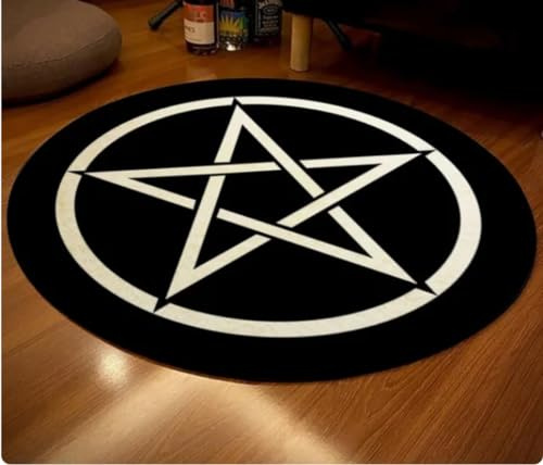 REIPOL Pentagramm Teppich, Pentagramm gemusterter runder Teppich, Satan Teppich, weiße Pentagramme auf schwarzem Teppich, Teppich 100cm