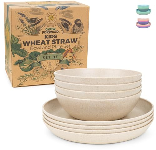 Grow Forward Wheat Straw Kids Plates and Bowls Sets - 8-Piece Unbreakable Dishwasher & Microwave Safe Plastic Plates for Kids - Reusable Non Toxic BPA-Free Dinnerware for Children - Sahara