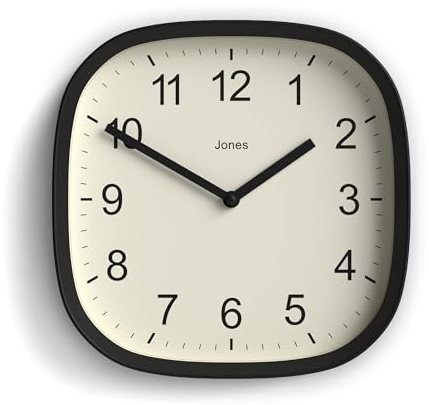 JONES CLOCKS® Sprite wanduhr | Moderne Retro abgerundete quadratische Uhr | 25cm | Schwarz | Leicht lesbare Zahlen | Perfekt für küche oder büro