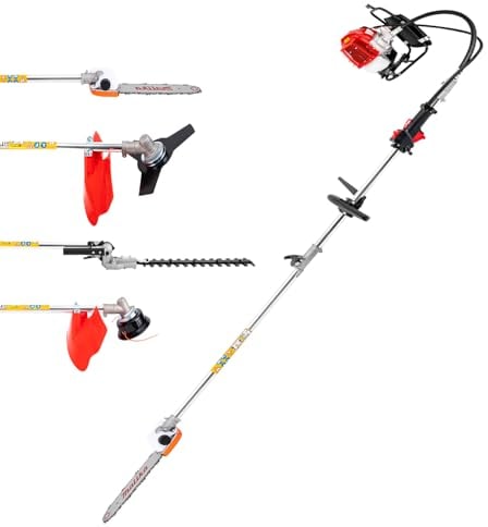SanBouSi Tagliasiepi a Benzina 4 in 1, 52 cc, Cinghia di Trasporto Professionale a 2 Tempi, con Prolunga, Sistema Combinato, Decespugliatore, Rosso, Moderno