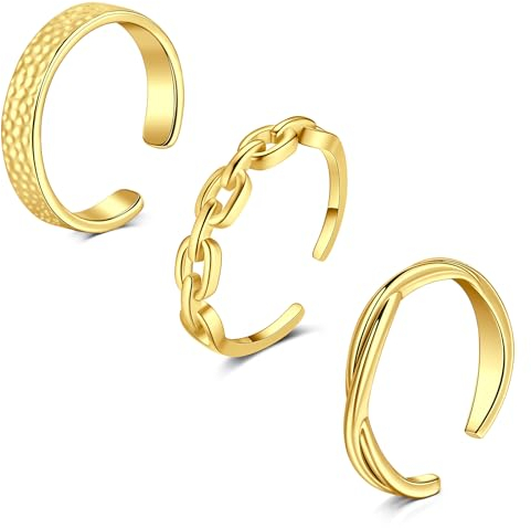 WillTen 3Pcs Gold Edelstahl Zehenringe Set, Blume, CZ, Verdreht, Welle, Einfache Band, Pfeil & Blatt Design, Unisex, Sommer, Strandparty Schmuck