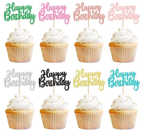 Blumomon 32Pcs Happy Birthday Cupcake Toppers Happy Birthday Cupcake Picks Birthday Cake Decorations Baby Shower Anniversary Party Supplies