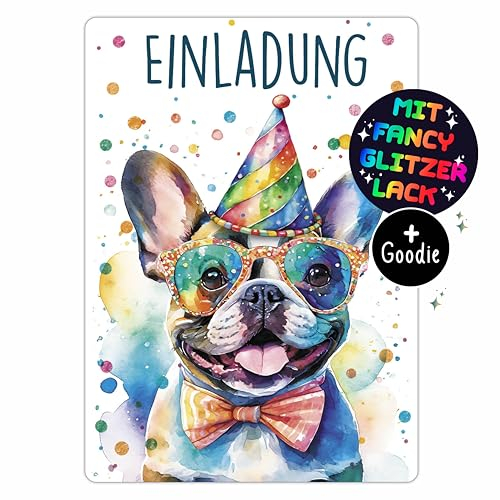 CALLUNA® Hunde GLITZER Einladungskarten Kindergeburtstag Mädchen & Junge – 12 Stück – Witzige Hunde Geburtstag Einladungen mit buntem Glitzerlack – Einladung für Kids & Teenager (o. Hüllen)