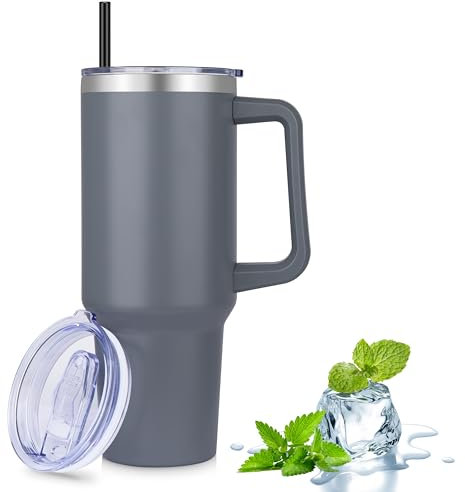 MURBONE Tumbler 1.2L with Straw Lid and Handle, 40oz Stainless Steel Double Wall Vacuum Insulated Travel Mug for Cold or Hot Drinks, Grey