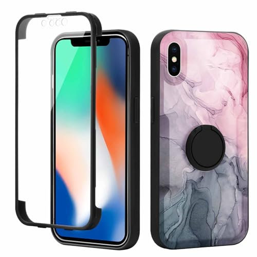 Yoedge Kickstand Phone Case for iPhone X/XS 5.8, 360°Rotatable Magnetic Ring Holder Cases,Full Body Shockproof Silicone TPU Back Cover with Built-in Screen Protector, Grey Marble