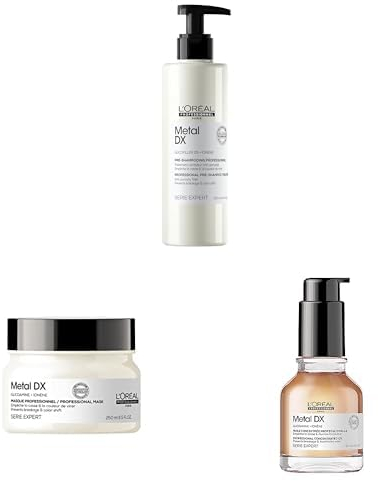 L'Oréal Professionnel Treatment-Set für alle Haartypen, beugt Haarbruch & Farbveränderungen vor, Anti-Frizz, Hitzeschutz, Mit Glicoamin & Glicofiller, Serie Expert, Metal DX Pre-Shampoo, Maske & Öl
