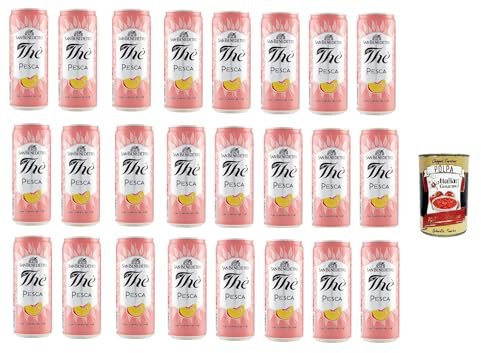 San Benedetto Thè Pesca 24x 33cl, Eistee The' Pfirsich dosen Einweg, ice tea erfrischend, Ohne Konservierungsstoffe und künstliche Farbstoffe + Italian Gourmet polpa 400g