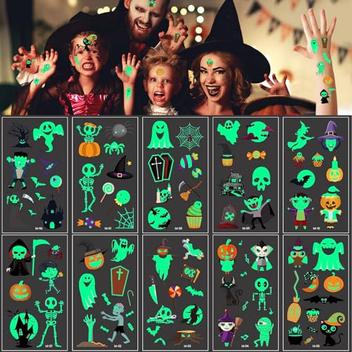 Halloween Leuchtende Tattoo-Aufkleber, Halloween Tattoo Kinder,Leuchten im Dunkeln Halloween Temporäre Tattoos Dekoration/Halloween Geschenk Kinder/Halloween Mitgebsel