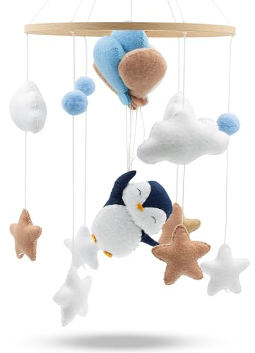 Baby mobile süßer Pinguin – Baby Mobiles mit Holzring und süßen Tierchen – Perfektes Mobile für Babybetten oder als Babyzimmer Deko.
