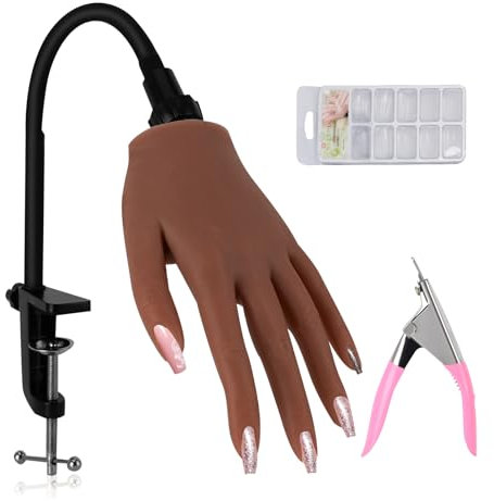 übungshand Für Nageldesign, Silikon Hand Mit Nail Tips, Flexibles Bewegliches übungshand Mit Verstellbare Halterung, übungsfinger Für Nageldesign, Professionelle übungshand Für Gelnägel (Braun)