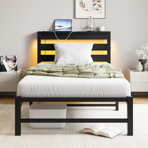 VERFARM 3ft Single Bed Frame with Charging Station and LED Lights, Heavy Duty Metal Platform Single 90x190 cm Bed Frame with Wood Storage Headboard, No Box Spring Needed, Noise Free, Black