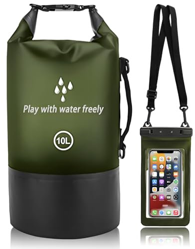 Sadodo 10L Dry Bag Wasserdichte Tasche + Handyhülle für Schwimmen,Baden,Strand,Kanu,Paddling,Ourdoor Camping,Tauchen Packsack mit Handy Hülle für iPhone 16 15 14 13 12 Pro Max,Samsung,Smartphone Grüne