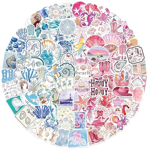 Blaue & rosa Küstenaufkleber 100 Pack - Strand Sommer Ozean Thema wasserdichte Vinyl Aufkleber für Mädchen Teens, Wasserflaschen, Laptops, Gepäck, Skateboards