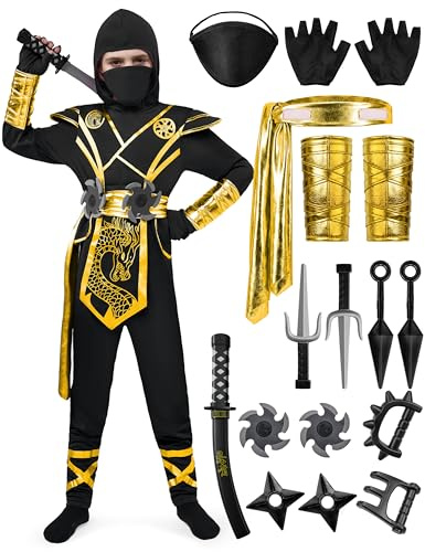 Spooktacular Creations Costume de ninja d'Halloween pour enfants, combinaison dragon ninja noir et doré, costume d'Halloween pour garçons pour déguisement et jeu de rôle (grand, 10-12 ans)