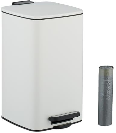 Relaxdays Kosmetikeimer, 8 L, Absenkautomatik, entnehmbarer Inneneimer, Metall, Bad Mülleimer, inkl. Müllbeutel, weiß