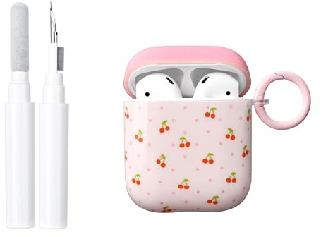 Reownest Hülle Kompatibel mit AirPods 2. und 1. Generation mit Reinigungsset, Süßes Kirschmuster mit Tupfen-Design Weiche Stoßfeste TPU Schutzhülle Case für AirPods 2 & 1 – Rosa Kirsche