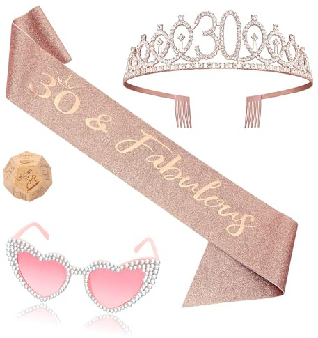 OLOSONG 4 Pcs 30th Birthday Party Accessories Set,30th Rose Gold Crown and Heart shaped pink diamond glasses,Wooden dice