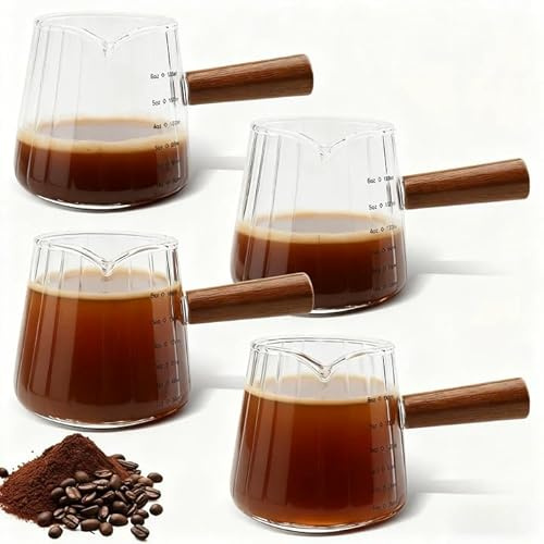 GOEDCH 4 Stück 180ml Espresso Messbecher Glas mit Holzgriff: Transparent Espressotassen mit Holzgriff, V-förmiger Öffnung Espresso Kännchen mit Skala für Kaffee Milch, Büro, Zuhause