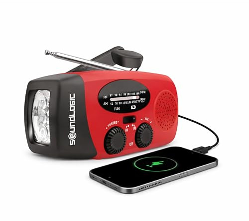 Soundlogic Notfallradio Solar | Kurbelradiof mit Powerbank & LED Taschenlampe | AM/FM Radio | USB-C | SOS Alarm | Notfallset bei Stromausfall | 13X4.7X6,6CM | Rot