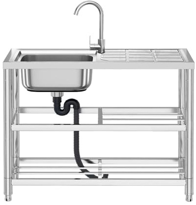 Bostar Fregadero de Cocina Independiente de Acero Inoxidable 75x40x80cm, Lavadero de Un Seno para Agua Fría/Caliente, Mueble con Estante de Almacenamiento para Exterior Garaje Jardín