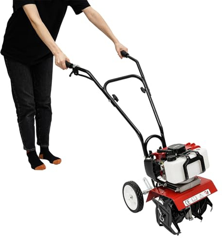 MIUKYUI Soil Tiller, Field Tiller, Petrol Motor Hoe, Garden Tiller, 1.9 kW, 52cc 2-stroke engine, 30 cm working width, 3–12 cm depth, 4 manganese steel blades with a 0.95 L transparent fuel tank, for