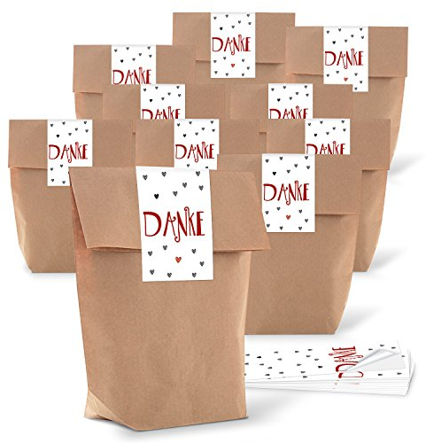 Logbuch-Verlag 25 Papiertüten 14 x 22 x 5,5 cm mit 25 Banderolen DANKE rot graue Herzen - Mitgebsel Verpackung Kundengeschenk Geschenkbeutel