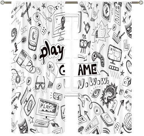 Cinblue Kinder-Videospiel-Vorhänge mit Stangentasche, schwarz-weiß, für Jungen, Gaming-Racing-Monitor, Gadget für Teenager im 90er-Jahre-Stil, Kunstdruck, 2 Paneele, 132 (B)x213 (L) cm