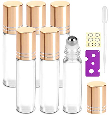Alledomain 6pcs, 10ml Transparent Essential Oil Roller Bottles - Refillable Clear Glass Roll-on Bottles with Stainless Roller Balls & Golden Cap, Includes Labels, Dropper & Opener