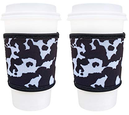 Thermobecher aus Neopren, 4 mm dick, wiederverwendbar, für heißen Kaffee und Tee von Starbucks Coffee, McDonalds, Dunkin Donuts, mehr (Kuhdruck)