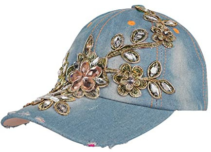 LONTG Baseballmütze Damen Mädchen Denim Blumen Diamant Baseball Cap verstellbar Sonnenschutz Schirmmütze Jeans Hüte für Freizeit, Reisen, Outdoor Sports