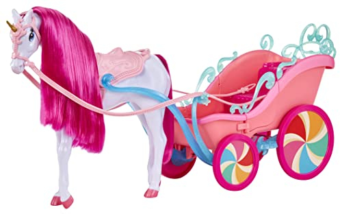 MGA Dream Ella Candy Kutsche und Einhorn - Glänzend weißes Einhorn mit goldenem Glitzerhorn, rosa Mähne und Zaumzeug, Zügel, Sattel und rosa Kutsche - für Kinder ab 3 Jahren