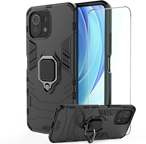 GKK DESCHE für Xiaomi 11 Lite/Xiaomi 11 Lite 5G NE Hülle, Handyhülle mit Halter + Schutzfilm, Panzerhülle Handy Hüllen Handytasche Staubschutzhülle Outdoor Case Stoßfest Schutzhülle - Schwarz