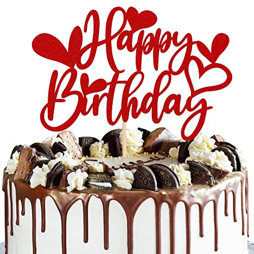 SYKYCTCY 1 Pack Love Heart Happy Birthday Cake Topper Red Glitter Sweet Love Valentine's Day Cake Picks Decorations for Valentine's Day Love Theme Baby Shower Kids Birthday Party Supplies