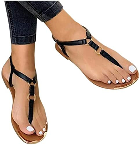 ORANDESIGNE Sandales Femmes Plates Chaussures Été Tongs à Talons Plats Claquettes Nu Pieds Semelle Plates Confortable Bout Ouvert pour Filles E Noir 39 EU