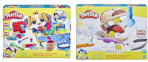 Play-Doh Tierarzt Spielset mit Spielzeughund, Tragebox, 10 Knetwerkzeugen und 5 Farben & F1259 Zahnarzt Dr. Wackelzahn, Spielzeug für Kinder ab 3 Jahren mit Kariesknete und metallfarbener Knete