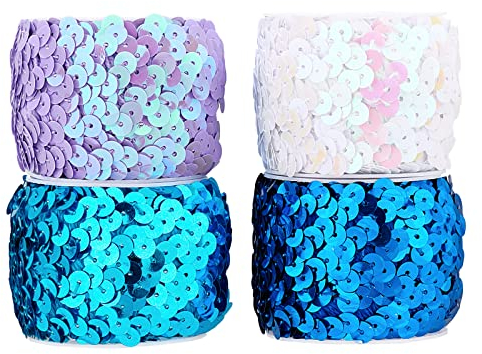 PandaHall 10 Yard/9m Elastischer Paillettenbesatz, 4 Farben 3/4 Zoll/20 mm Elastisches Paillettenband Trim Metallic Paillette Stoffband Für Frauen Kleid Kostüm Stirnband Nähen DIY Handwerk