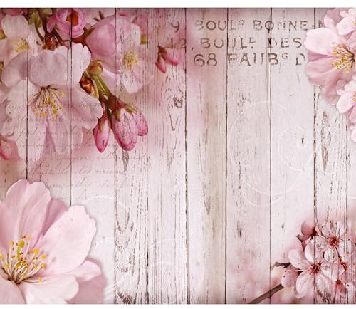 decomonkey - Papier Peint Panoramique Adhésif Fleurs 343x256 cm - Stickers Muraux Chambre Autocollant - Marron beige rose - Bois fleurs inscriptions nature en français plantes texture vintage